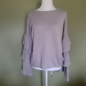 Cupio Ruffled Sleeve Crewneck Sweater - Light Taupe